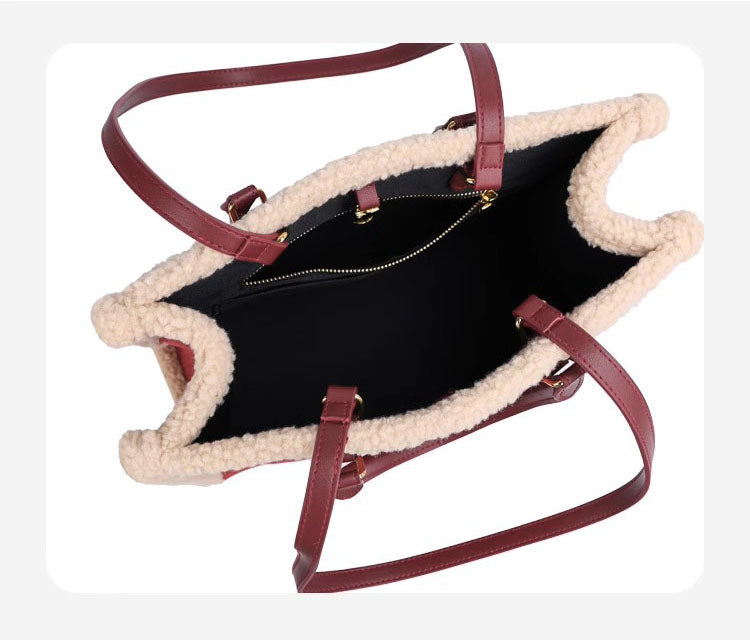 Large Capacity totes red wedding bag high-grade lamb furry women's bag big size: 35*28*14cm