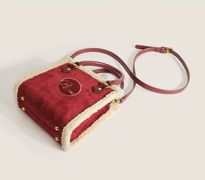 Large Capacity totes red wedding bag high-grade lamb furry women's bag big size: 20*8*20cm