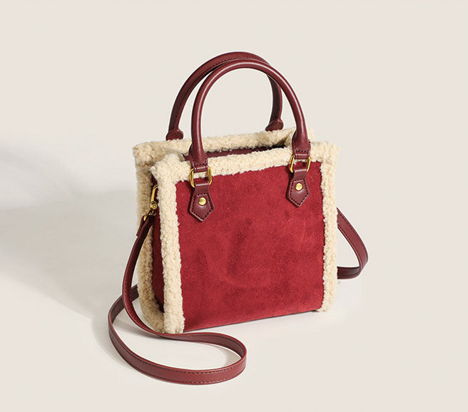 Large Capacity totes red wedding bag high-grade lamb furry women's bag big size: 20*8*20cm