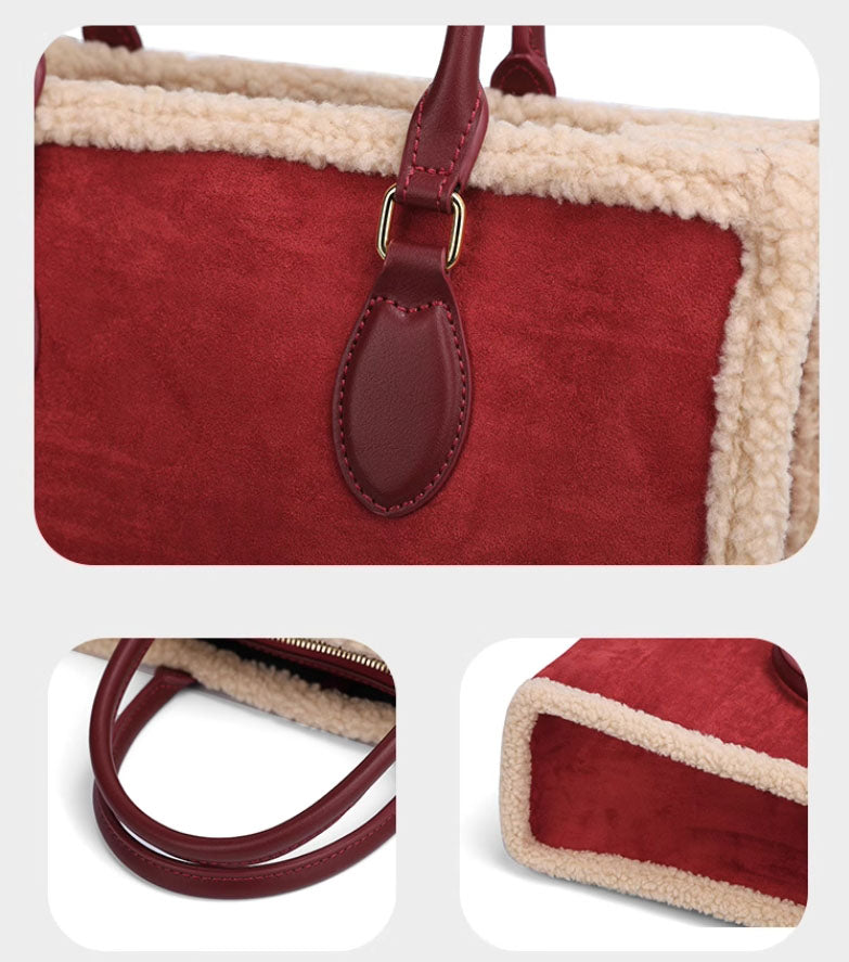 Large Capacity totes red wedding bag high-grade lamb furry women's bag big size: 35*28*14cm