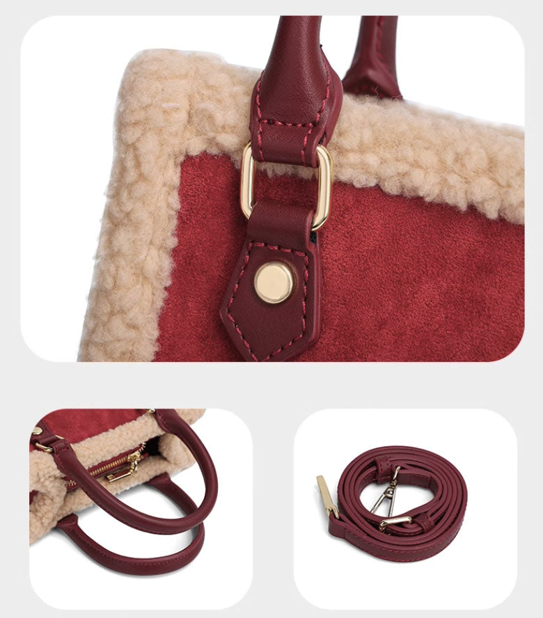 Large Capacity totes red wedding bag high-grade lamb furry women's bag big size: 20*8*20cm