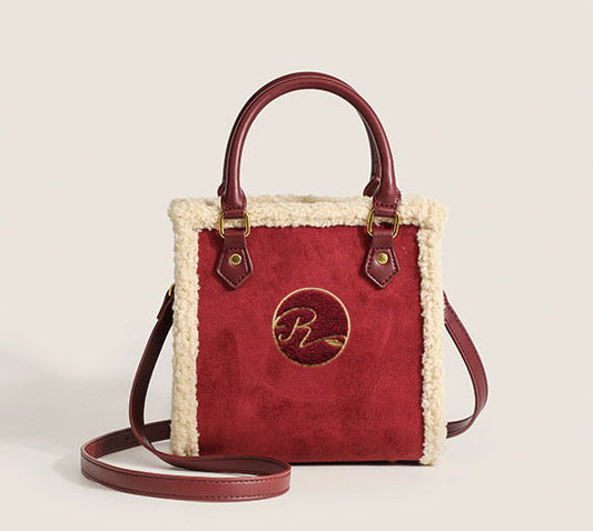 Large Capacity totes red wedding bag high-grade lamb furry women's bag big size: 20*8*20cm